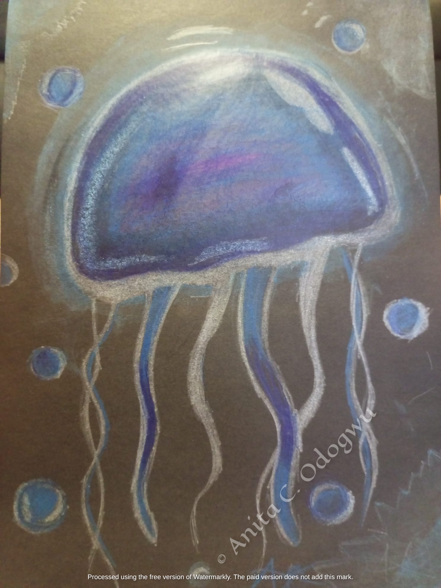 Mixed-media oil pencil and watercolor jellyfish art by Anita C. Odogwu